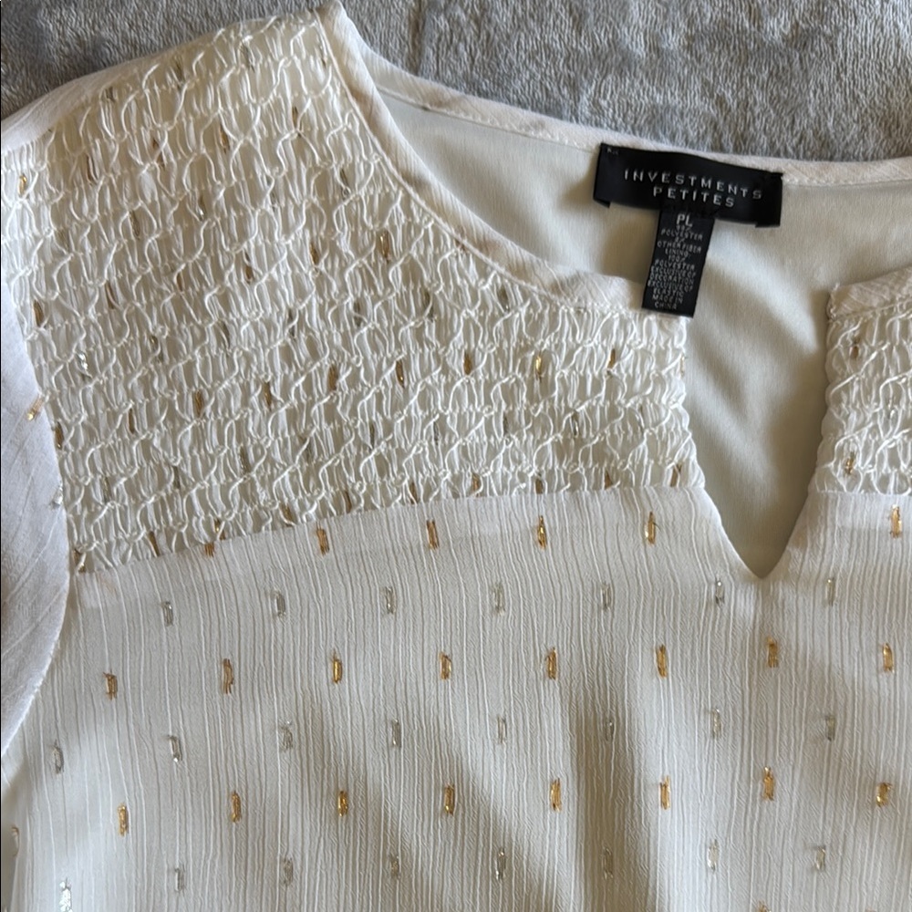 Investments Petites Gold and Cream Sleeveless Smocked Lined Blouse